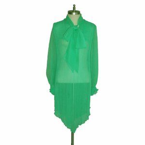 Vtg 60s Paris Green Sheer Pussy Bow Pleated Dress